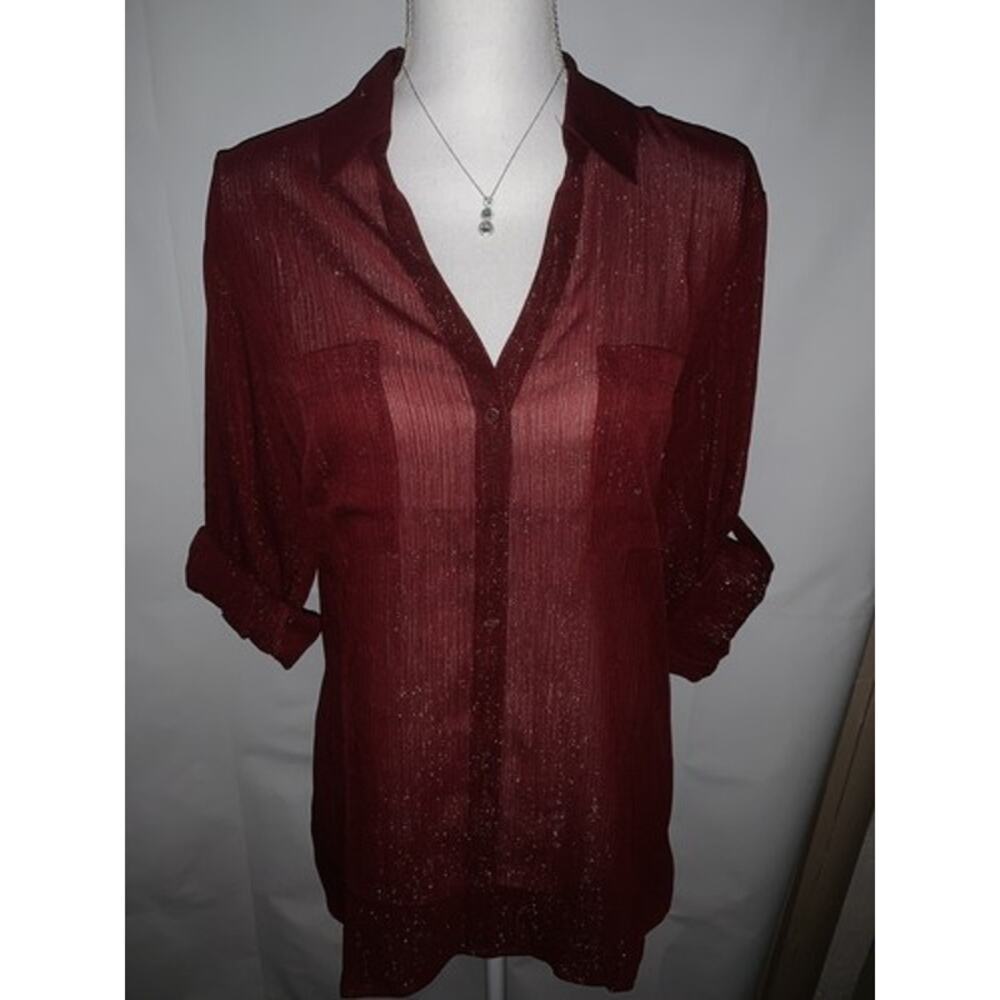 Express Portofino Shirt Women’s XL – Metallic Striped Sheer Burgundy Slim Fit